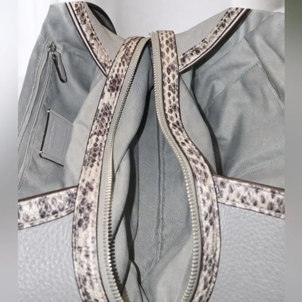 Coach Pebbled Leather Gray Hobo Shoulder Bag with Exotic Snakeskin-Embossed Trim